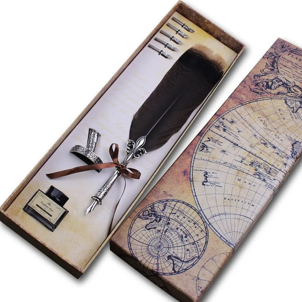 Featty Quill Pen- Feather Pen Set In Retro World Map Gift Box And Sculpture Pen Holder