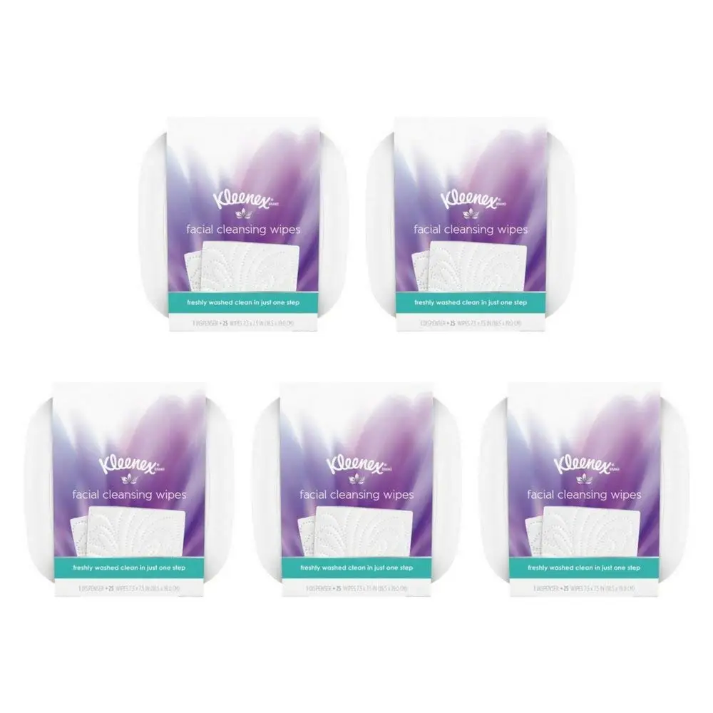 Kleenex Facial Cleansing & Makeup Remover Wipes with Dispenser, 25 Wet Wipes (5 boxes)