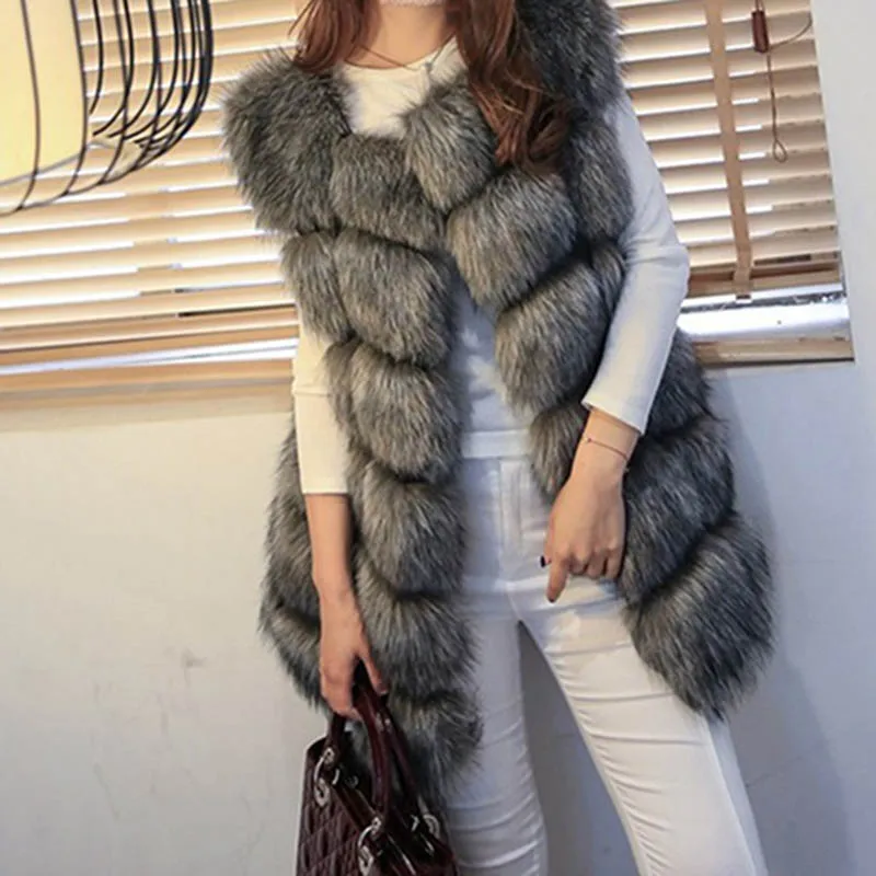 2017 new winter european style women's long plus size faux fox fur vest with pocket