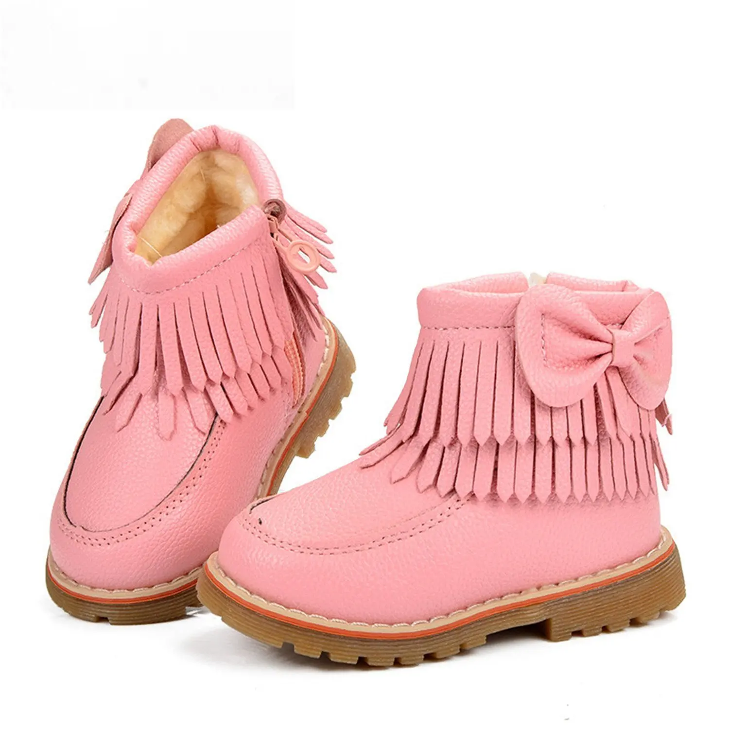 Baqijian Kids Shoes Snow Boots Boys Girls Shoes Double Tassels Butterfly Knot Handmade Zipper Kids Winter Boots Fringe Botas