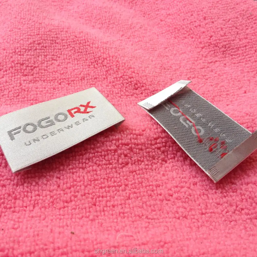 Embossed Logo White Satin Woven Label,Satin Fabric Label With Glossy