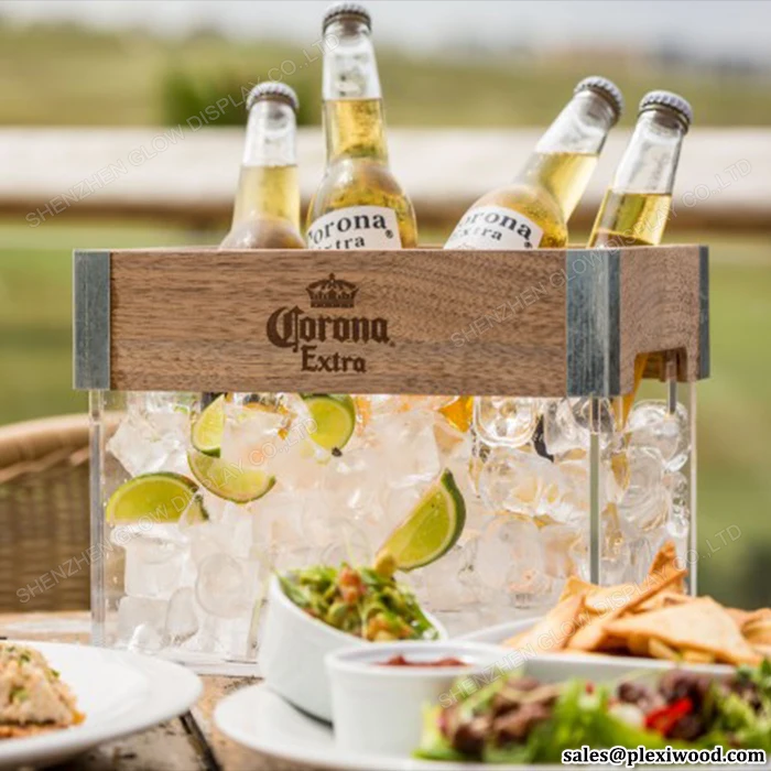 Led Lighted Acrylic Wood Corona Extra Light Beer Ice Bucket With Metal