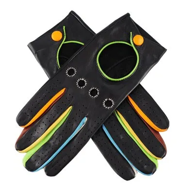 Black fashion Leather Driving Gloves with Multi Colour Detail car driving gloves
