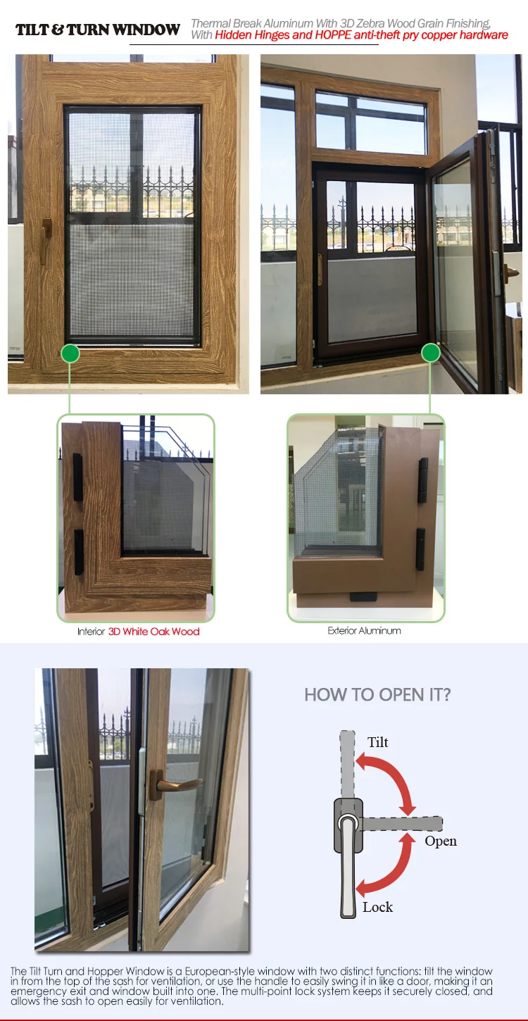 Wood grain finish aluminum window windows tilt turn