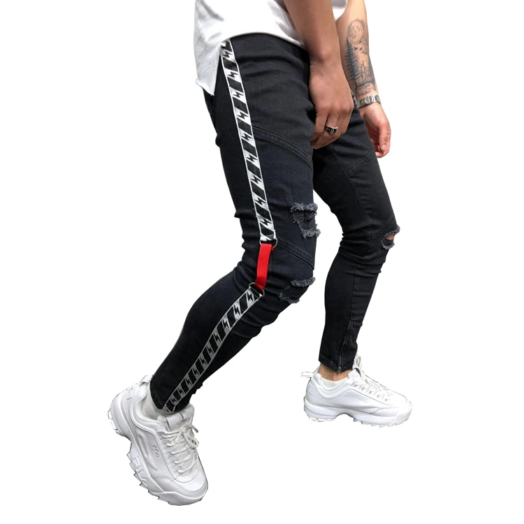 2019 Men Streetwear Ripped Jeans New Fashion Hip Hop Side Striped Jeans Fitted Bottoms Zipper Men Jeans Trouser!