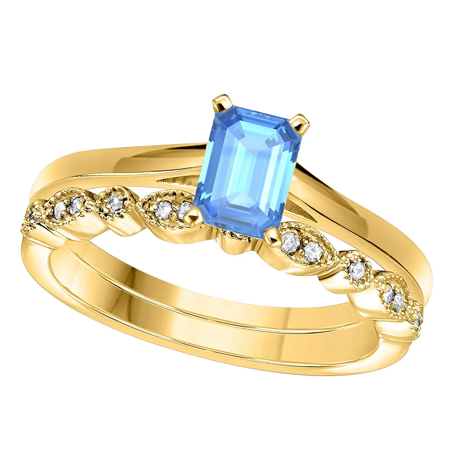 DreamJewels 1.00 Ct Emerald Shape & Round Cut Blue Topaz & White CZ Diamond 14k Yellow Gold Finish Alloy Art Deco Vintage Design Wedding Engagement Ring Sets Size 4.5-12