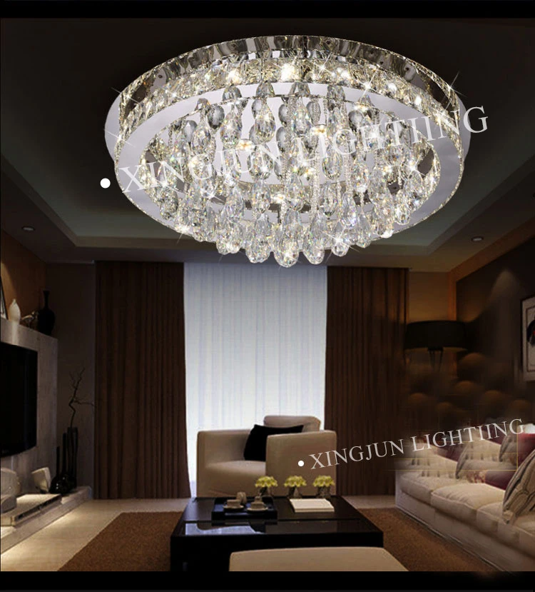 XingJun decorative bathroom / kitchen / living room color changing stainless steel base led crystal ceiling light round