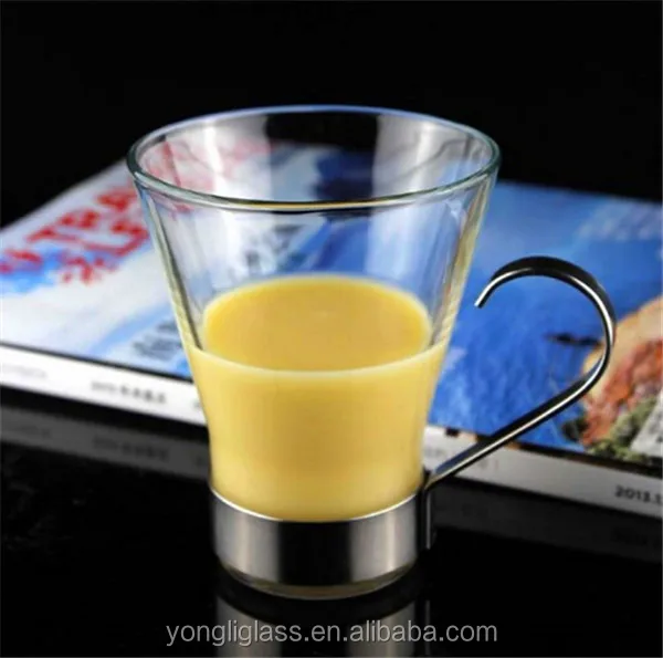 Hot sale fashionable coffee glass cup/Simple glass coffee mug with metal handle
