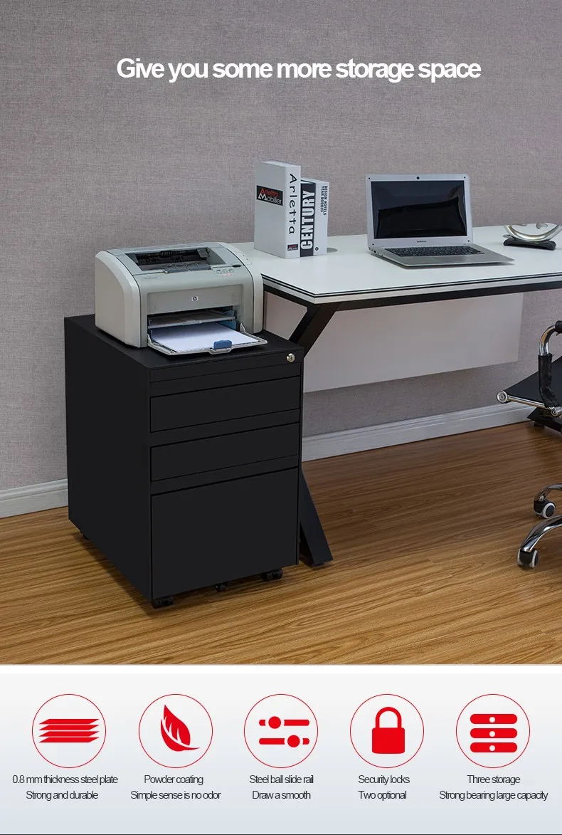 Office Furniture Movable Steel 3 Drawers File With Lock For