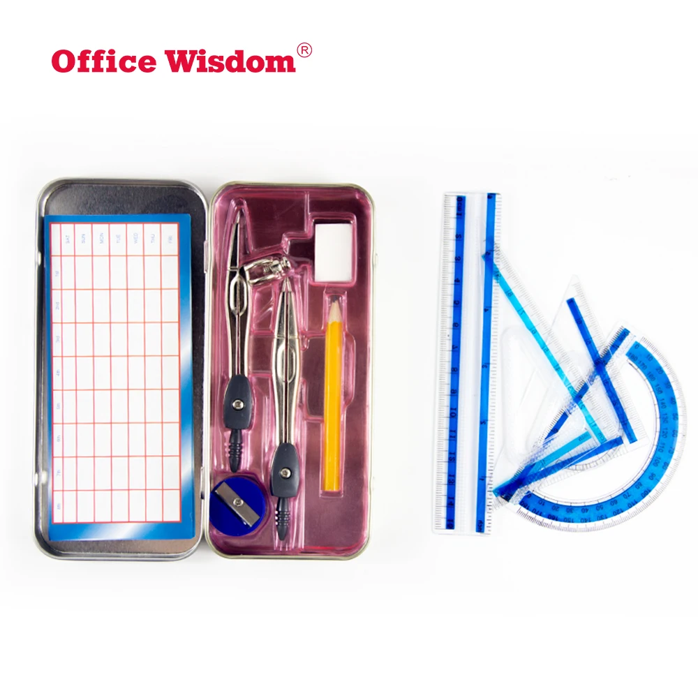 School Stationary Set 9 Piece Math Set With 2 Metal Compasses Geometry