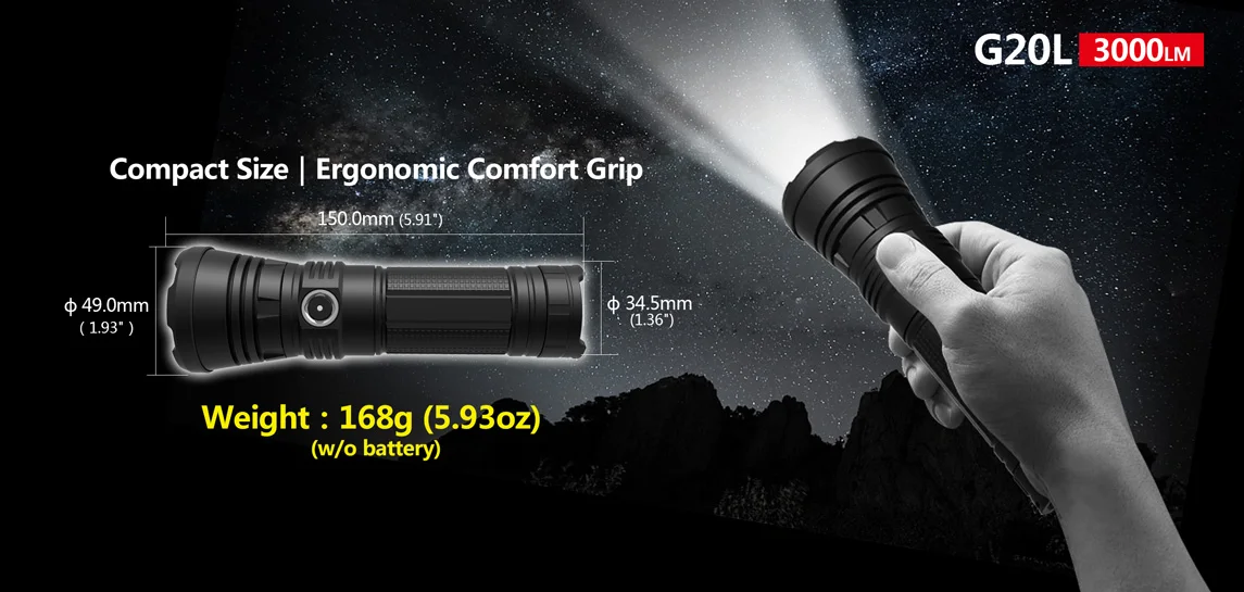 Klarus G20L Cree XHP70.2 P2 ED 3000lm USB Rechargeable Torch+26650 Battery