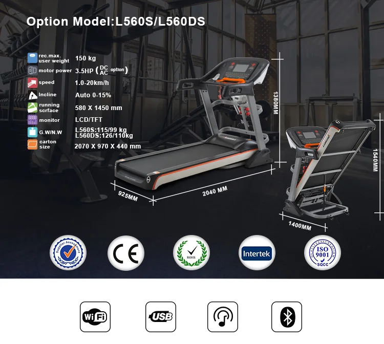 Folding Multi Function 3.5hp Ac Motor Electric Commercial Treadmill