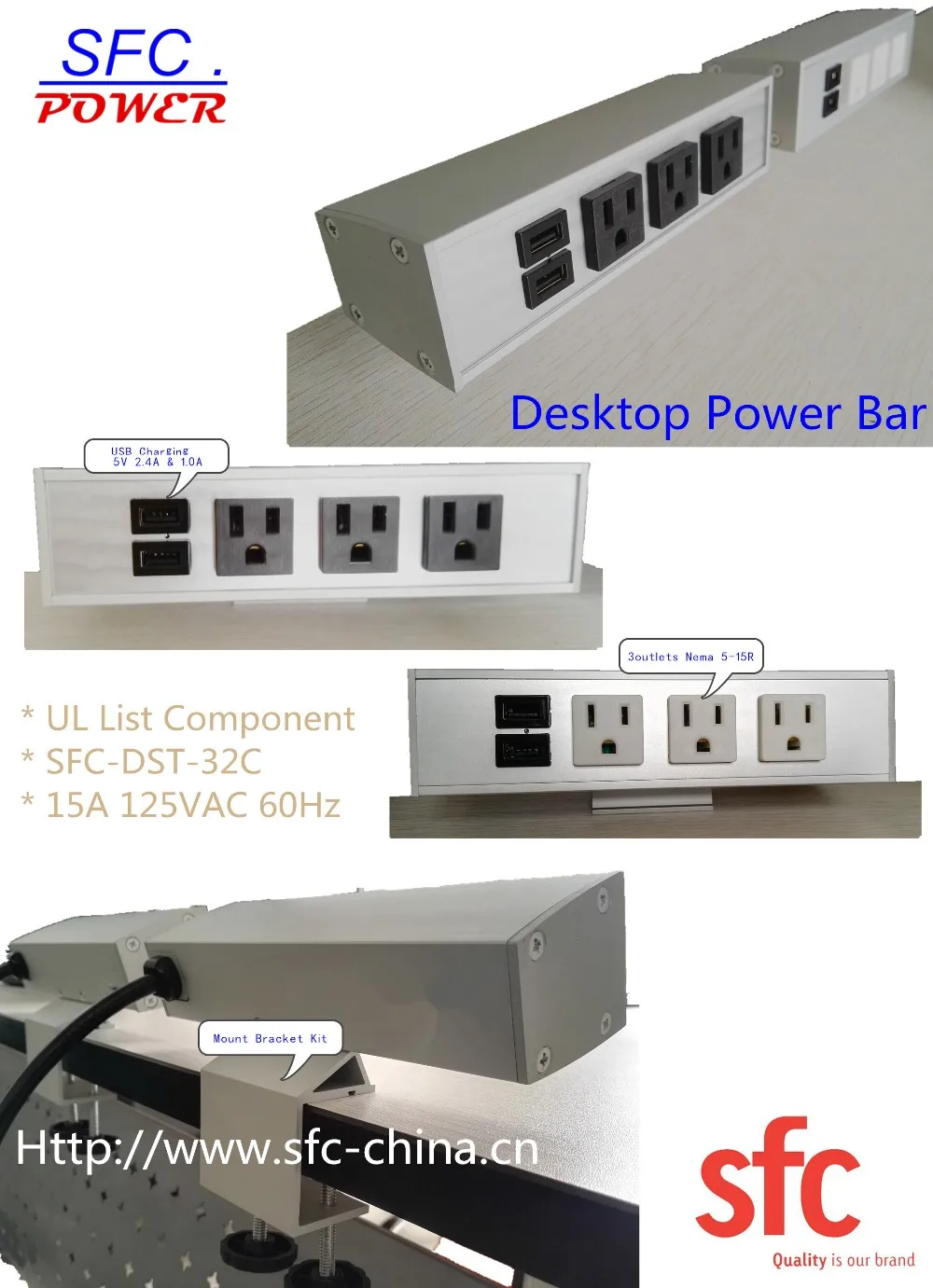 Electriduct Edge Mount Desktop Power Center 3 Outlets & 2 USB Ports