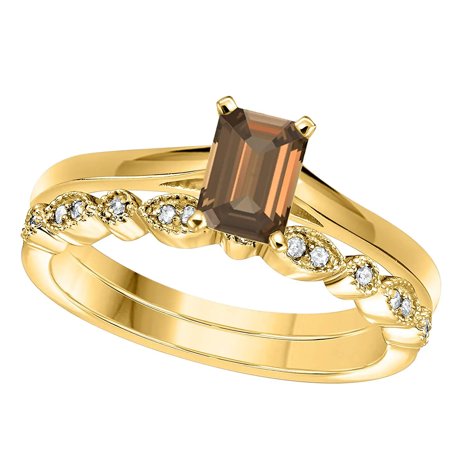 DreamJewels 1.00 Ct Emerald Shape & Round Cut Smoky Quartz & White CZ Diamond 14k Yellow Gold Finish Alloy Art Deco Vintage Design Wedding Engagement Ring Sets Size 4.5-12