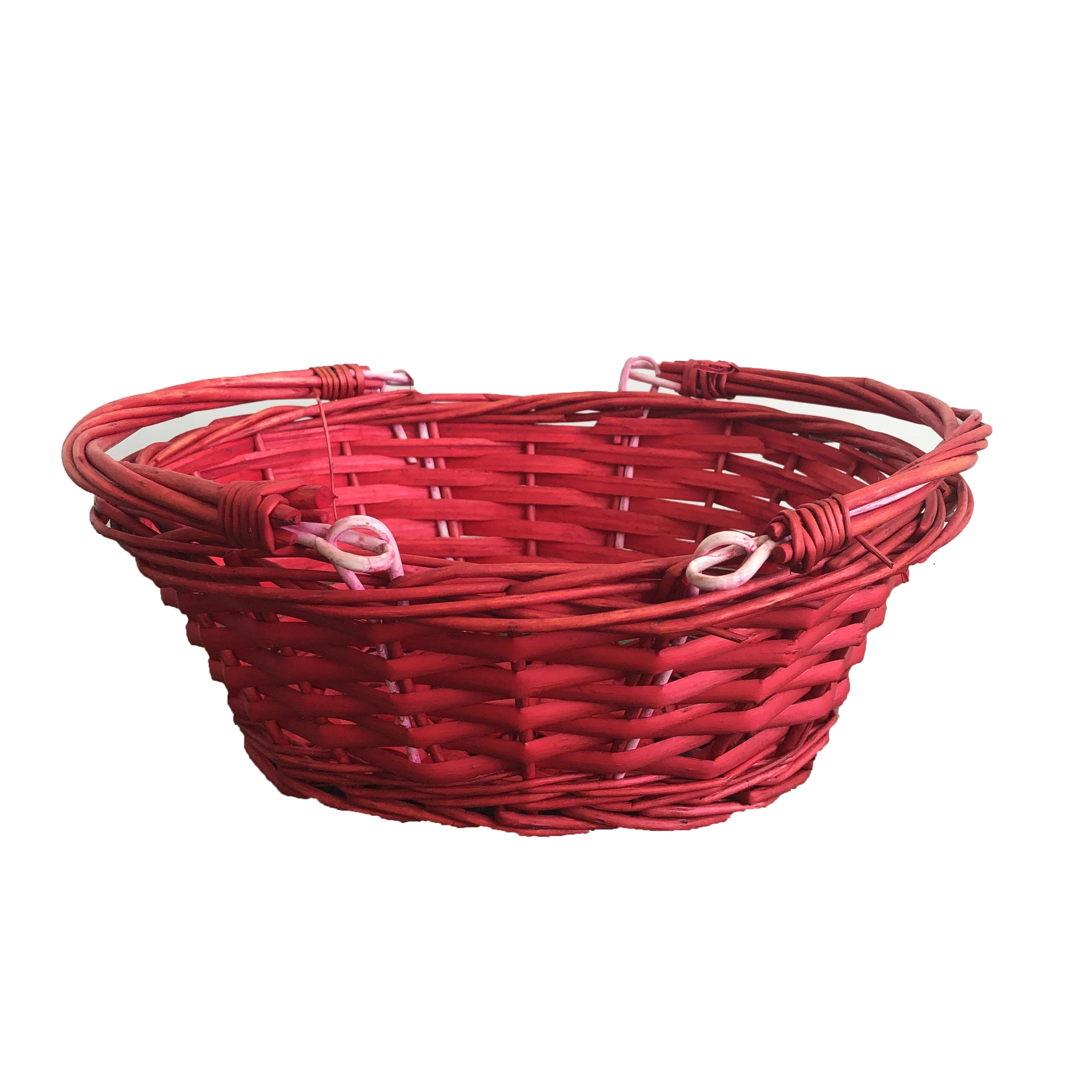 Cesto In Vimini Intrecciato 26x18x20 Cm | Con Manici E Fodera Bianca Rossa | Ideale Per Pasqua, Frutta E Regali