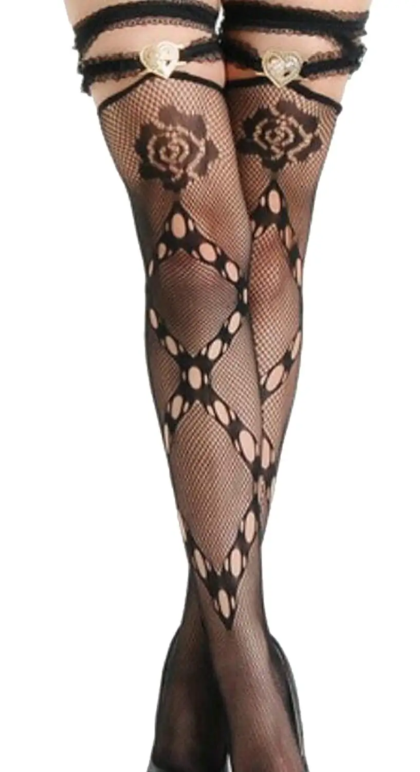 Womens Cuban Heel Stockings Black and Nude Thigh Highs Hosiery For Garter Belts 2 Pack
