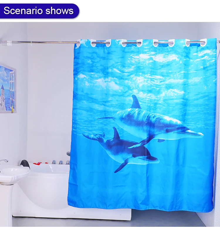Panel Printed Ocean Style Fish Dolphin Printed Hookless Shower Curtain
