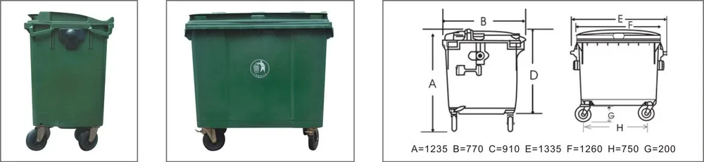 660 Liter Garbage Bin With 4 Big Wheels And Cover For Outdoor Plastic ...