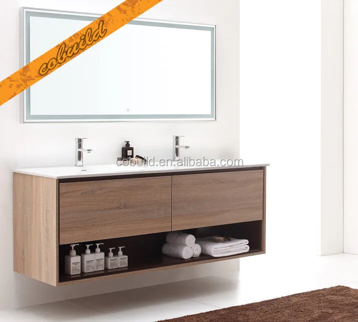 Mur Suspendu Etanche A L Eau En Placage De Bois Salle De Bain Vanite Avec Etagere De Rangement Ouverte Buy Vanite De Salle De Bain Moderne