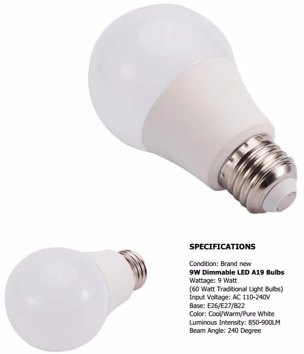 Hot Sale Ul Certification Led Light Bulb Ac110240v Dimmable E26 E27 9w