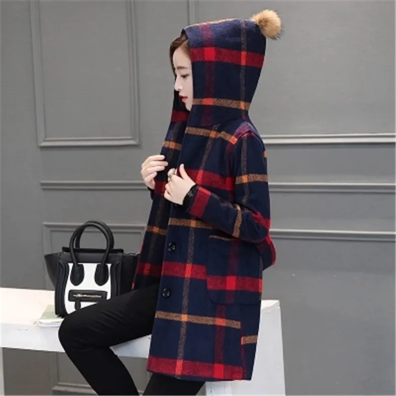 New Autumn font b Winter b font 2016 Women Fashion Elegant Woolen Hooded Jacket Plaid Loose