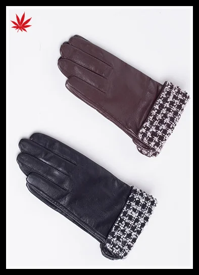 Women 's silk lined leather gloves with fabric cuff detail