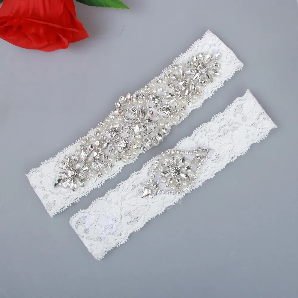 Luxury Crystal Rhinestones Applique Lace Wedding Garter Set For Bride