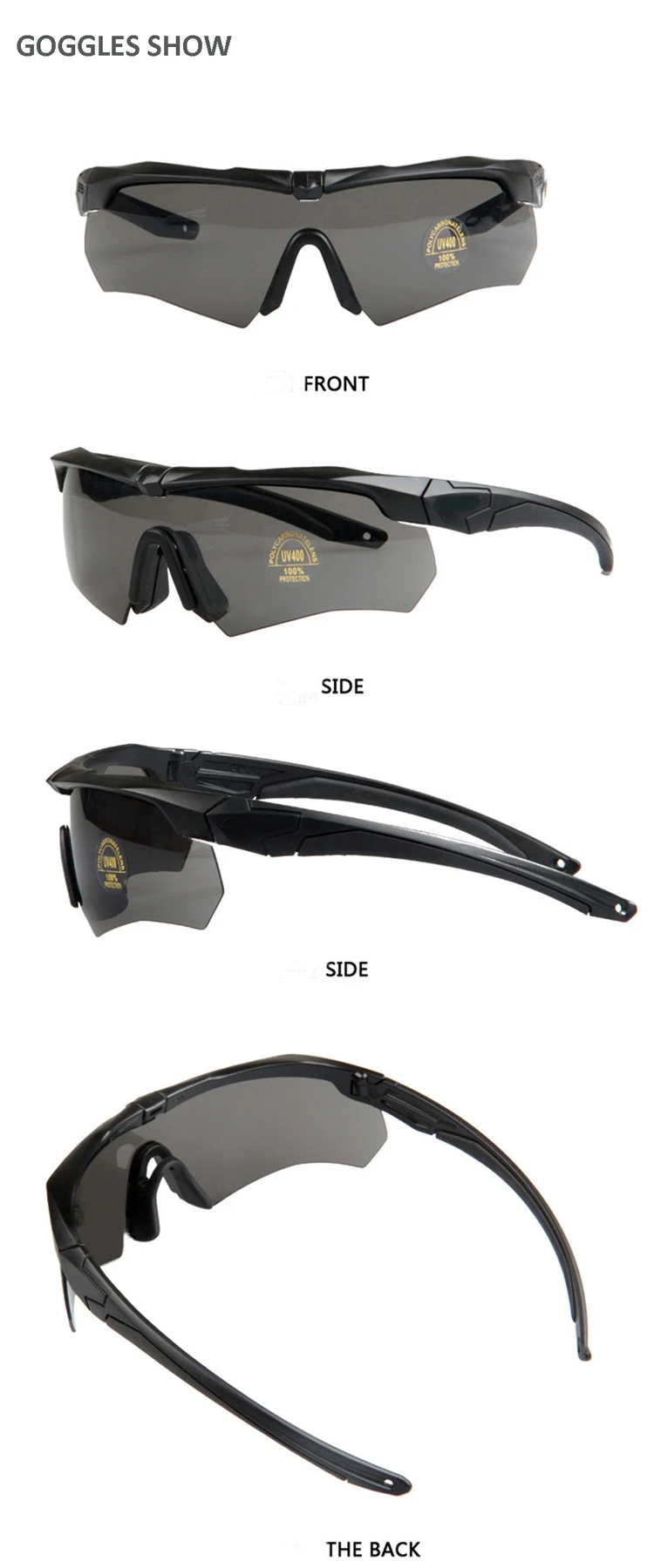 ANSI Z87.1 Tactical Military Ballistic Shooting Sunglasses With 3 Color Lenses