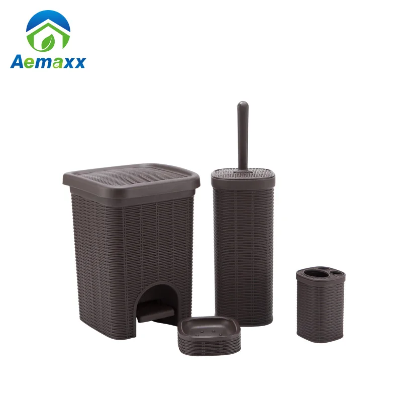 Retro Style Plastic Rattan Bathroom Accessories With Pedal Bin
