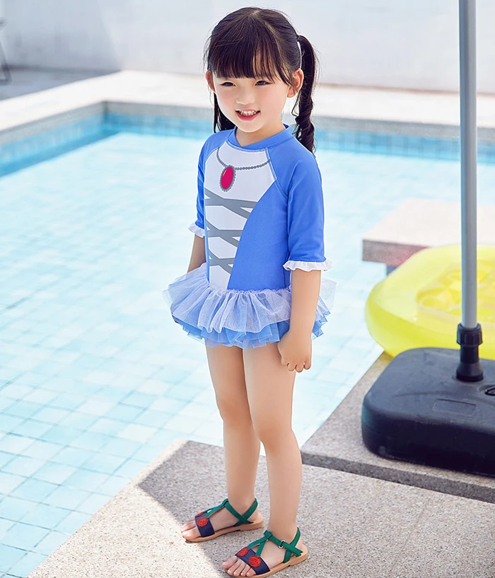 Seersucker Dress Blue Pendant Bordered Swimsuit Girl Cute Kid Swimwear ...