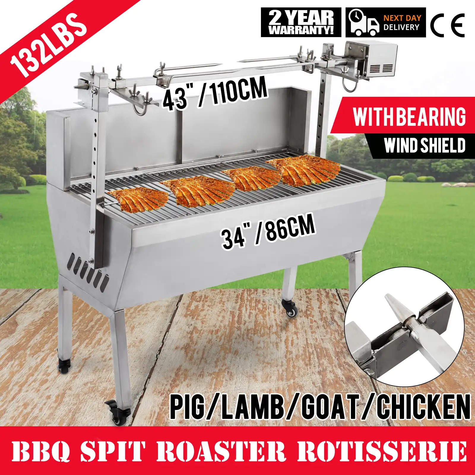 15W 70kgs Pig Lamb Goat Chicken Charcoal BBQ Grill Outdoors Roaster Spit 