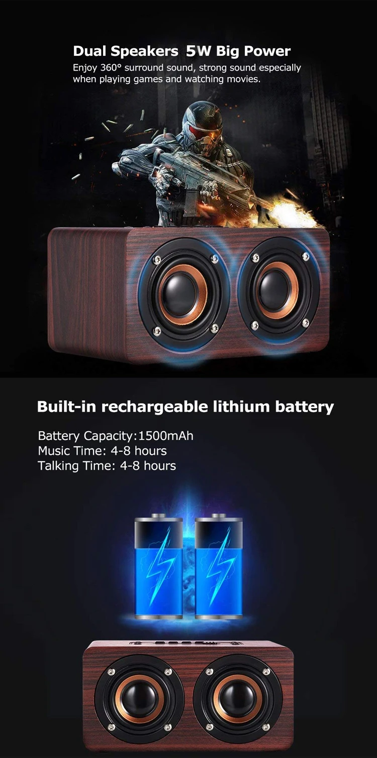 Portable HiFi Shock Bass 10W Dual Driver Bluetooth Speakers Support TF Card AUX Wood Wireless Speaker - ANKUX.COM