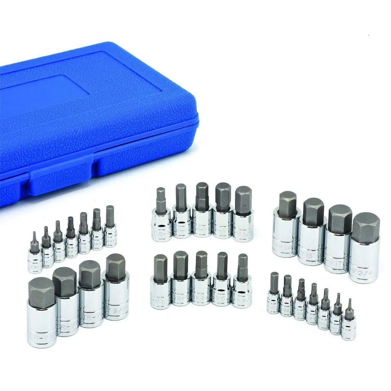 ESKALEX>>3/8" 1/2" DR DRIVE ALLEN WRENCH BIT KIT HEX KEY SOCKET TOOL SAE AND METRIC SET And The set includes: Sockets in SAE sizes: - 1/4-inch drive sockets - 5/64, 3/32, 1/8, 5/32, 3/16, 7/32