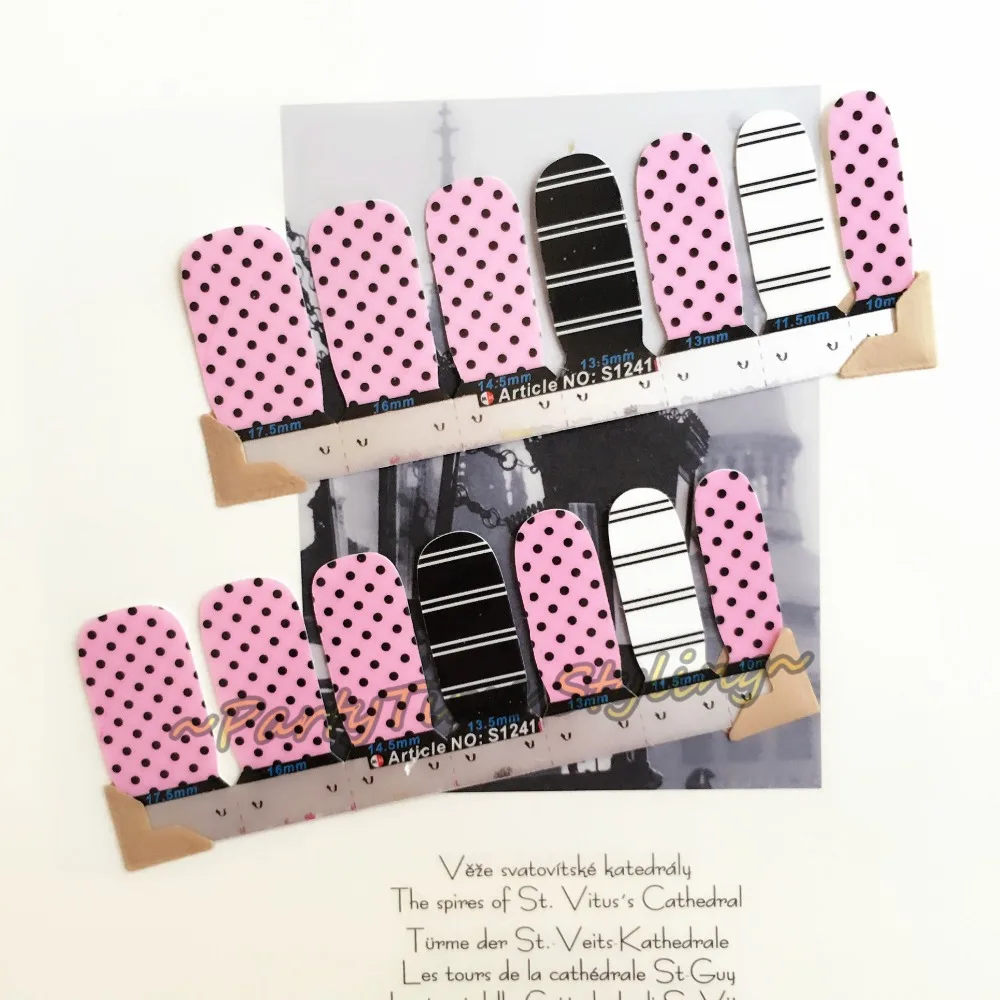 Black Pink Punctate Nail Art Sticker Patch 14 pcs set Waterproof Decals Foils Gel Polish French