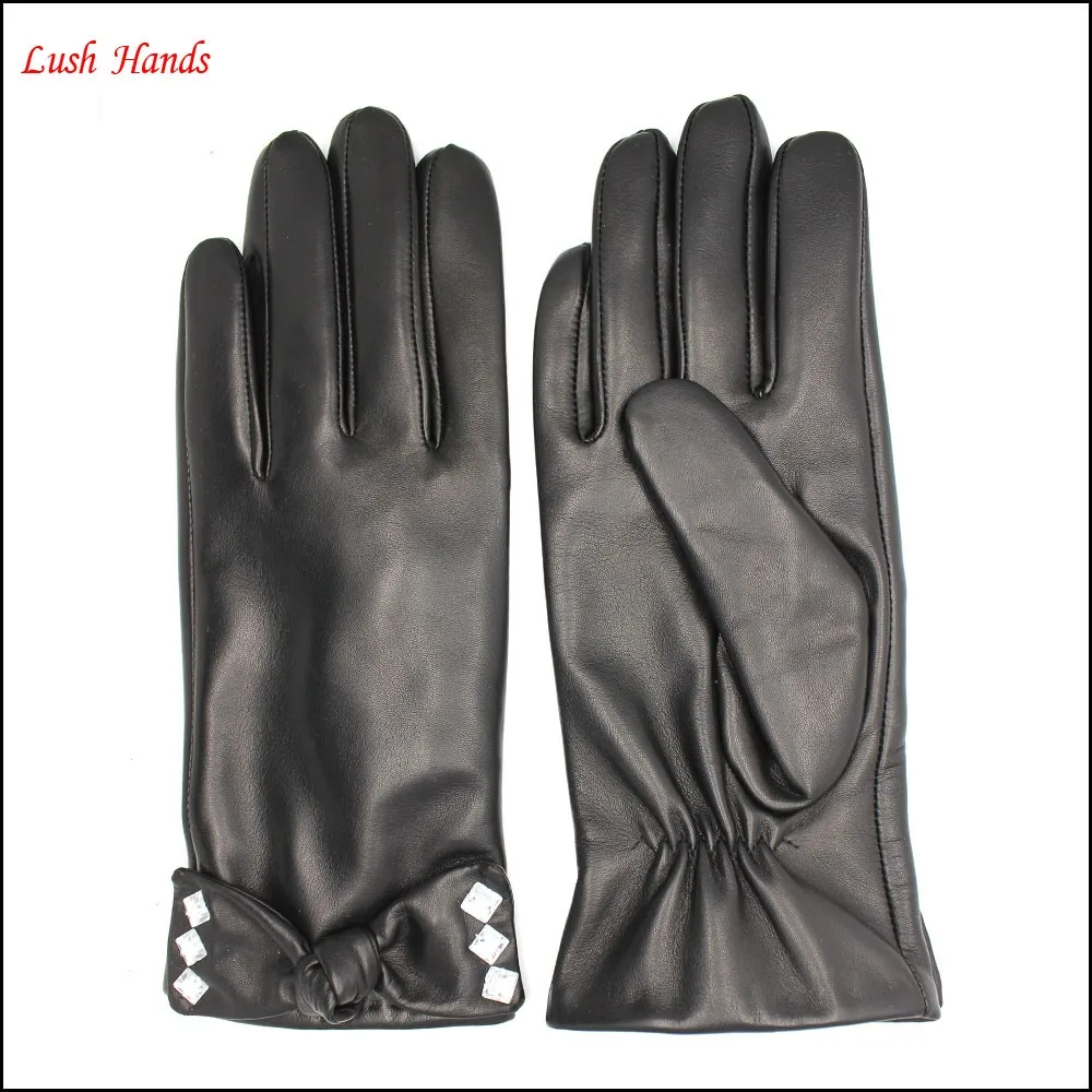 ladies and girls leather gloves with bright drill the decoration nad bow