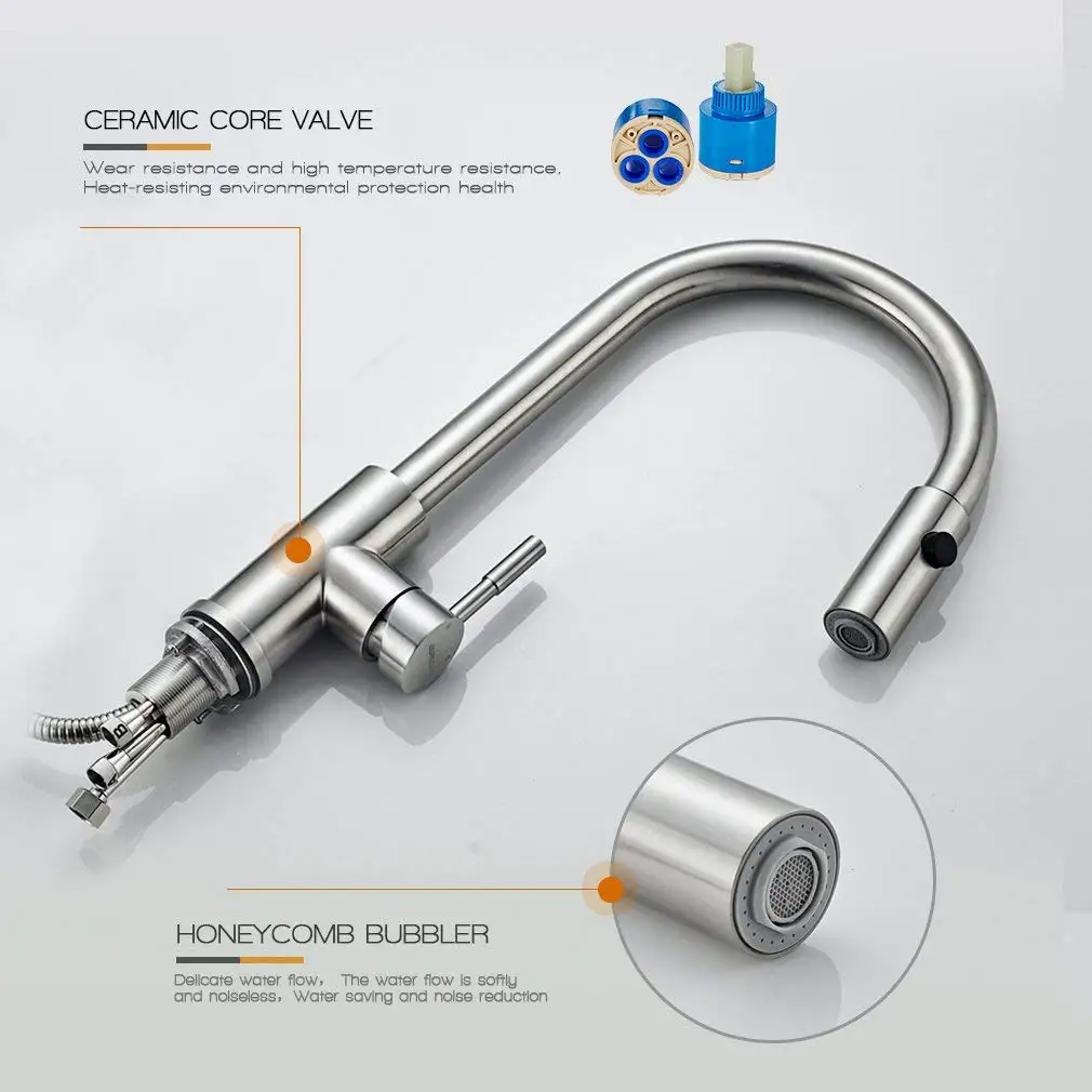 Rotatable Low Pressure Kitchen Faucet With Pullout Sprayer 304