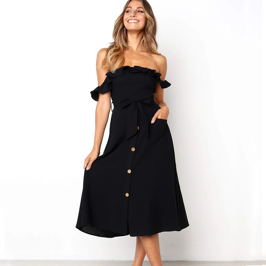 2019 Spring New Ladies Dress Fashion Sexy Word Collar Single-breasted Solid Color Dresses Female Sweet Summer Bohemian Dress