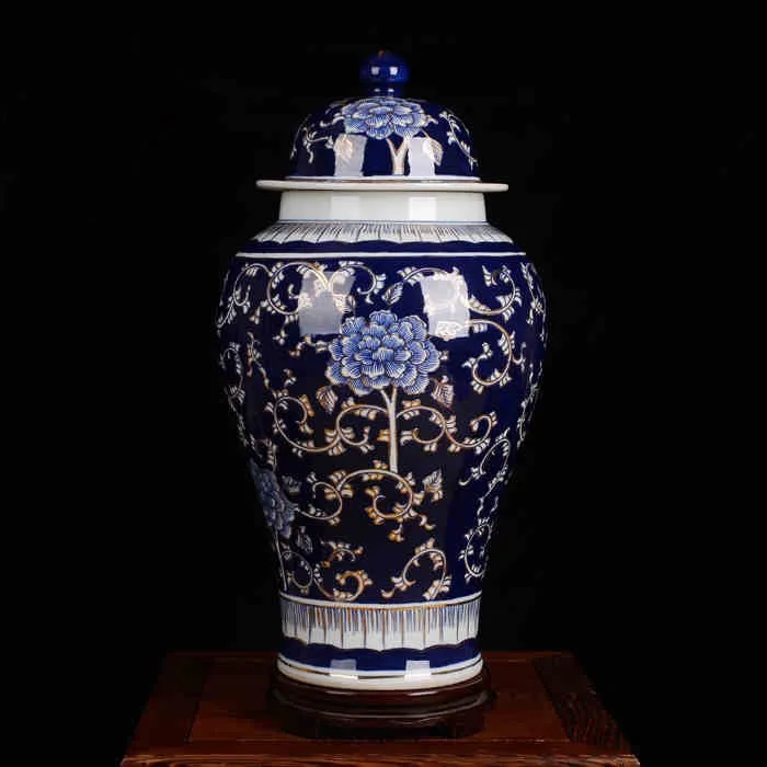 高51厘米中国金蓝色釉面陶瓷姜罐带盖