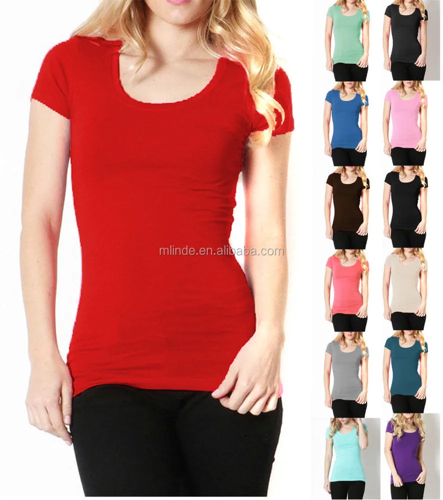 Women Fashion Short Sleeve Scoop Neck Tshirt Fitted Stretch Womens Top