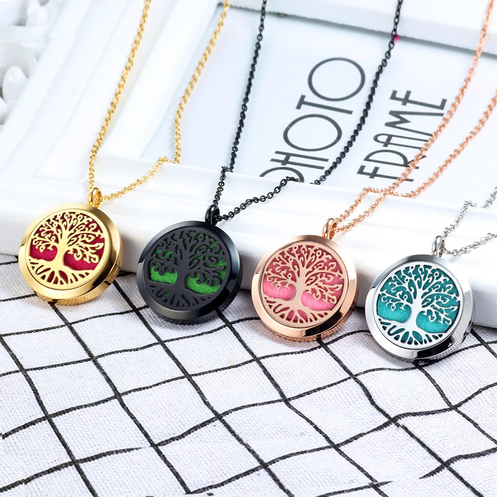 Tree Of Life Titanium Stainless Steel 316L Jewelry Gold Plated Necklace Locket Men Women Aroma Essential Oil Diffuser Necklace