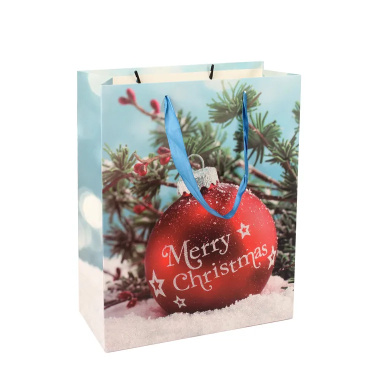 New Style Custom Logo Durable Glitter Christmas Paper Gift Bags With PP Rope Handles