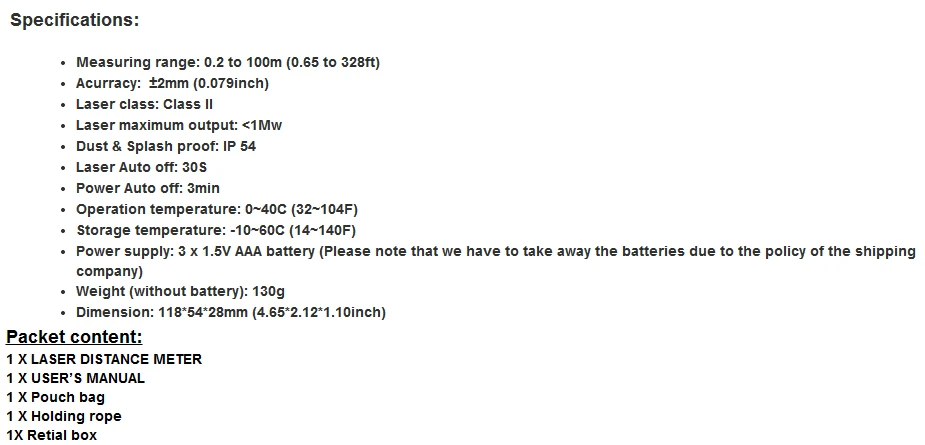 100m Laser Distance Meter M/in/ft Bubble Level Tool Rangefinder Range