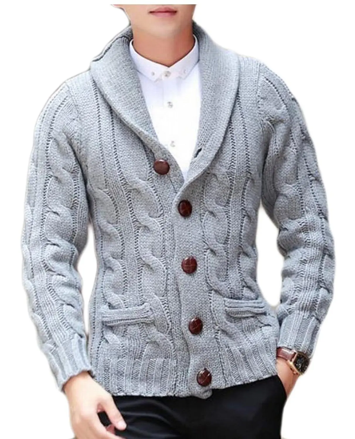 Mens Cali Holi Cable Knit Shawl Collar Cardigan Style Sweater Beige