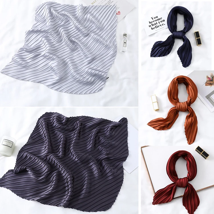2019 Custom Printed Hair Silk Scarves Ladies Wholesale Fashion Solid Color Pleated Satin Silk Square Neck Scarf Women 