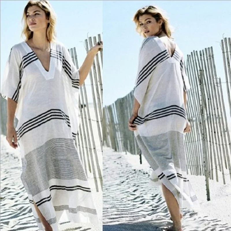 Wholesale Sarong V-neck Beach Cover Up Cotton Half Sleeve Striped ...