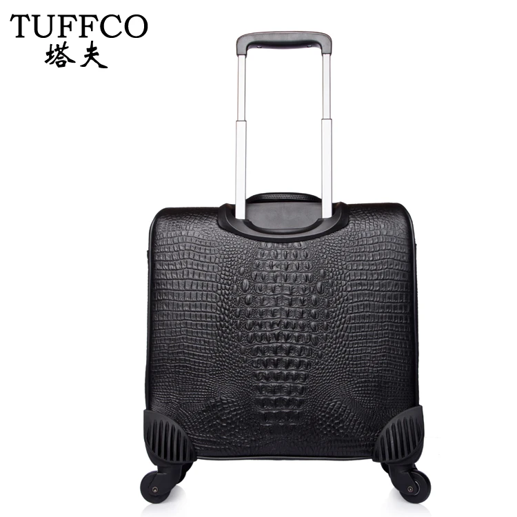 Leather business and leisure travel suitcase 16 inch crocodile pattern black trolley bag