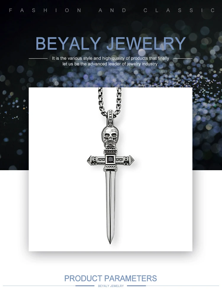 product-Skull Decor Cross Sword Shape Silver Jewellery Mens Necklace Hiphop-BEYALY-img