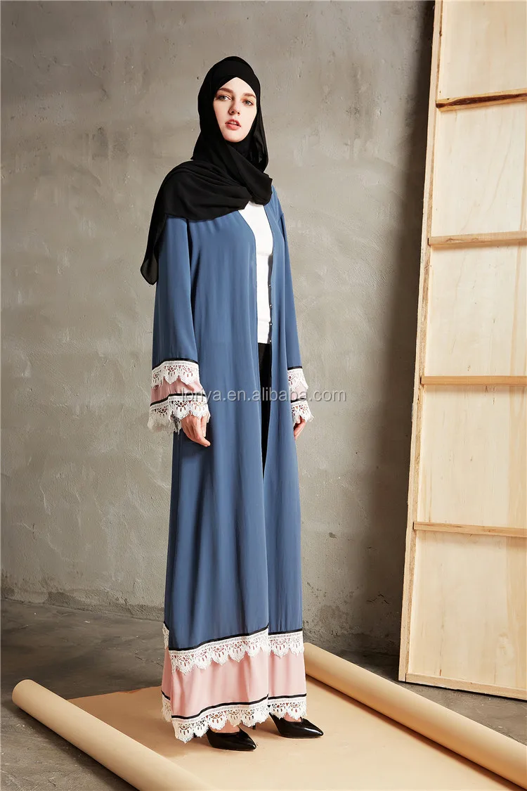 Modern Lace Muslin Dubai Front Open Abaya With Belt  