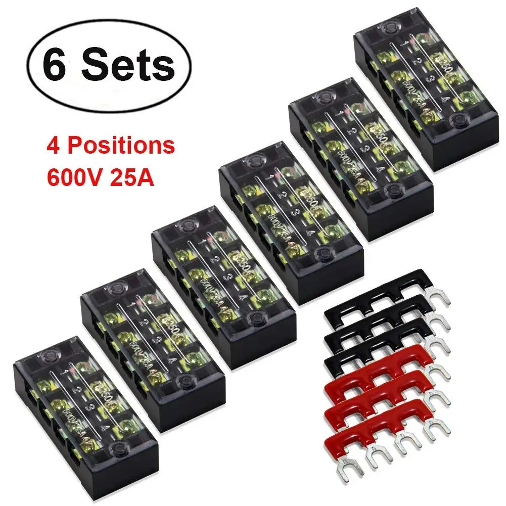12pcs(6 Sets) Terminal/Barrier Strips - 6pcs 4 Positions 600V 25A Dual Row Screw Terminal Blocks with Cover + 6pcs 400V 25A 4 Positions Pre-Insulated Terminal Barrier Strip (Black/Red) by MILAPEAK