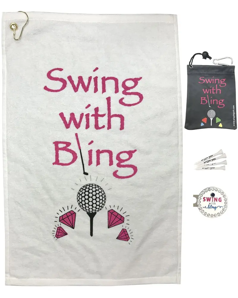 Giggle Golf Par 3 - Swing with Bling Towel, Tee Bag and Bling Ball Marker with Hat Clip - Perfect Golf Gift for Women